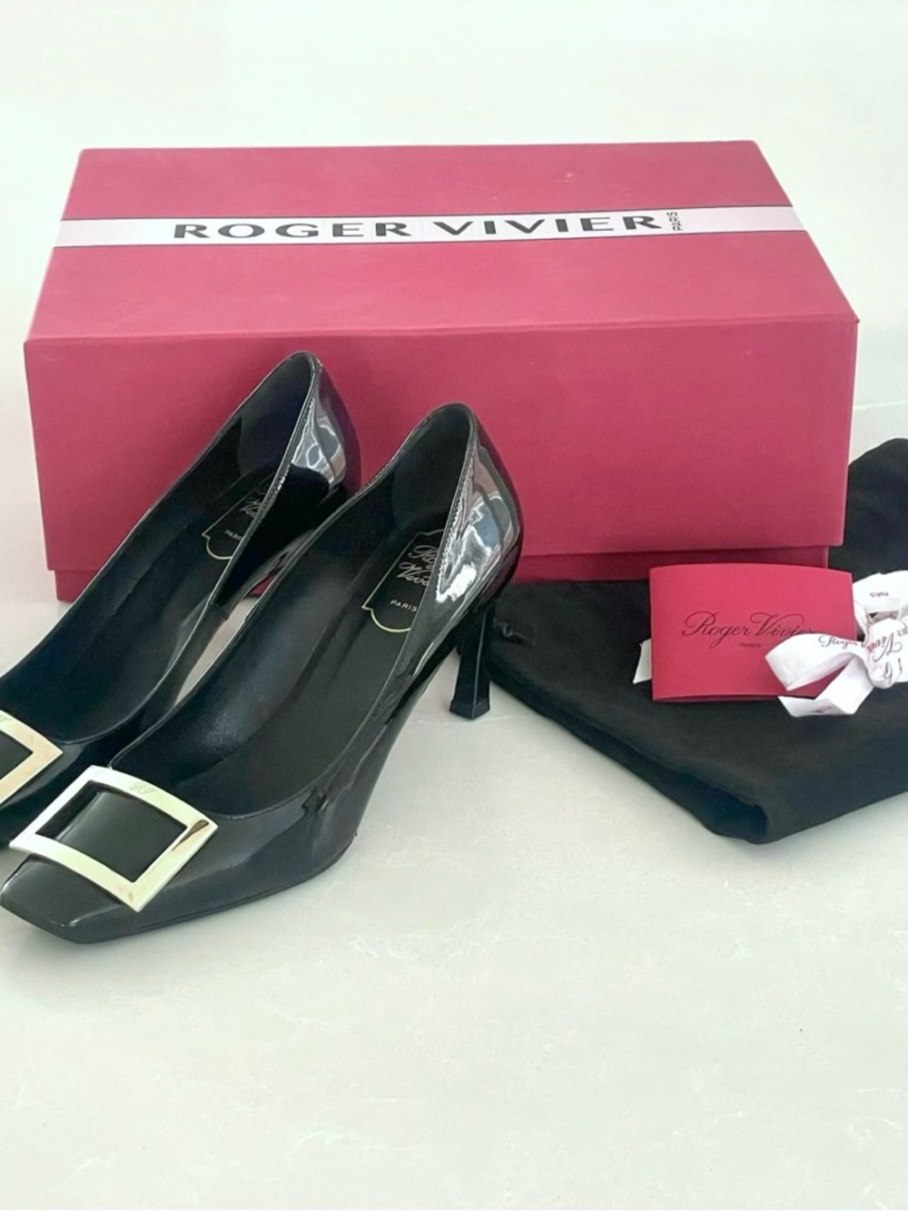 Roger Vivier Trompette Black Patent Leather Buckle Square Toe Heels Pumps